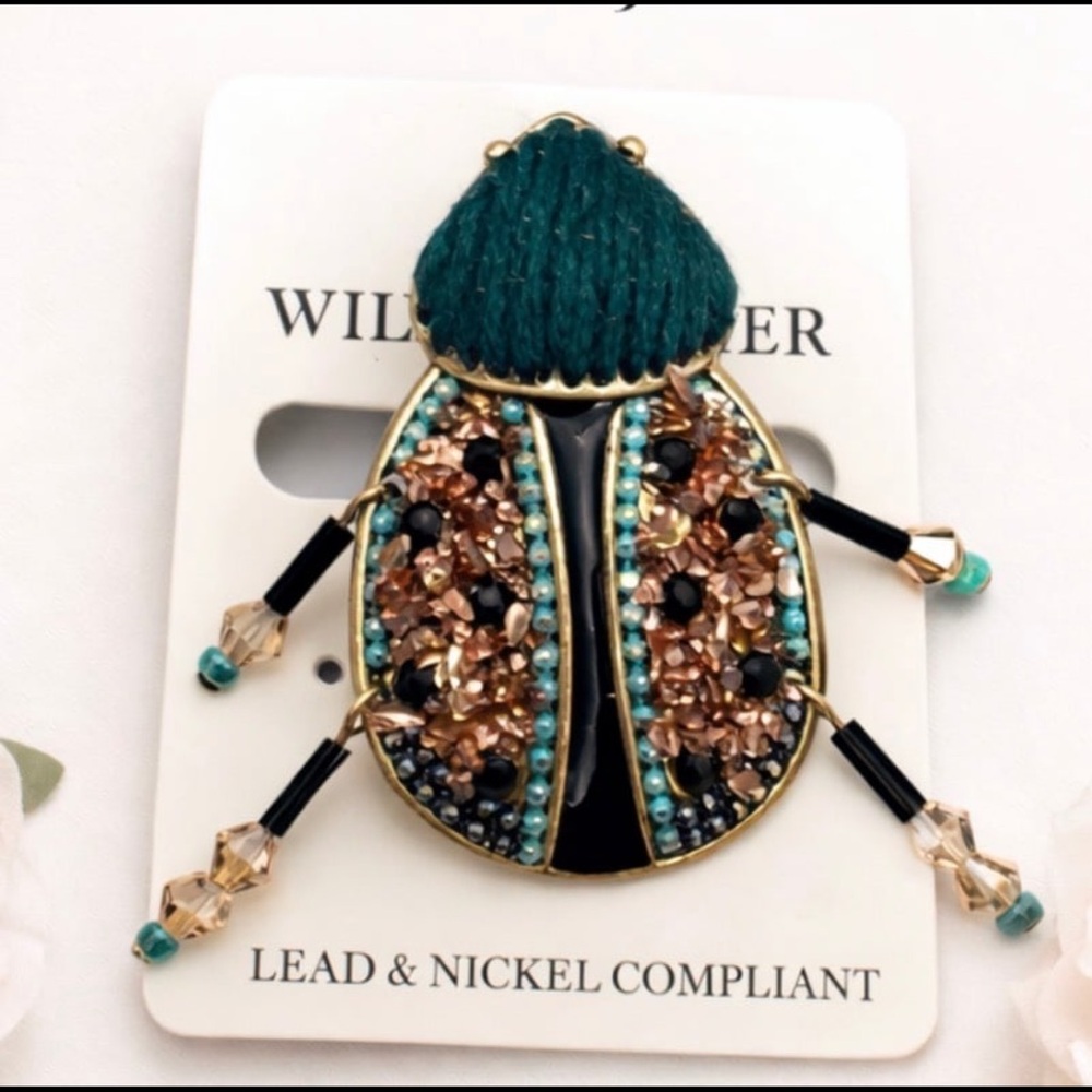 Wildflowers Teal & Rose Gold Decorative Beetle Brooch